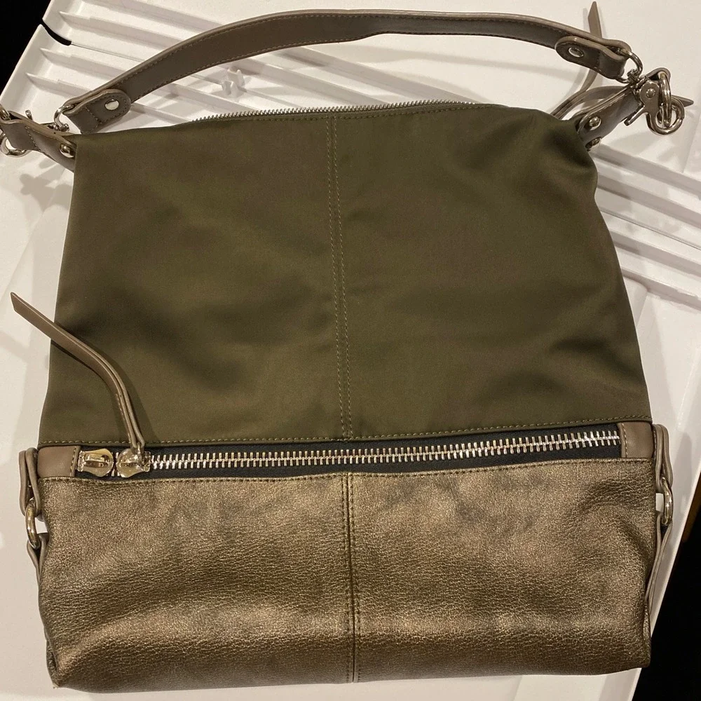 🍂 Sondra Roberts Squared Olive Green Bronze Shoulder Bag Hobo Tote Convertible